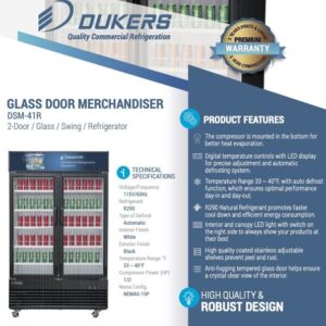 Merchandiser Display Refrigerator, Reach in Beverage Cooler, 41 cu.ft Capacity, 47 1/4" W (2) Glass Swing Door, Auto Defrost, Dukers DSM-41R Black, Commercial Use