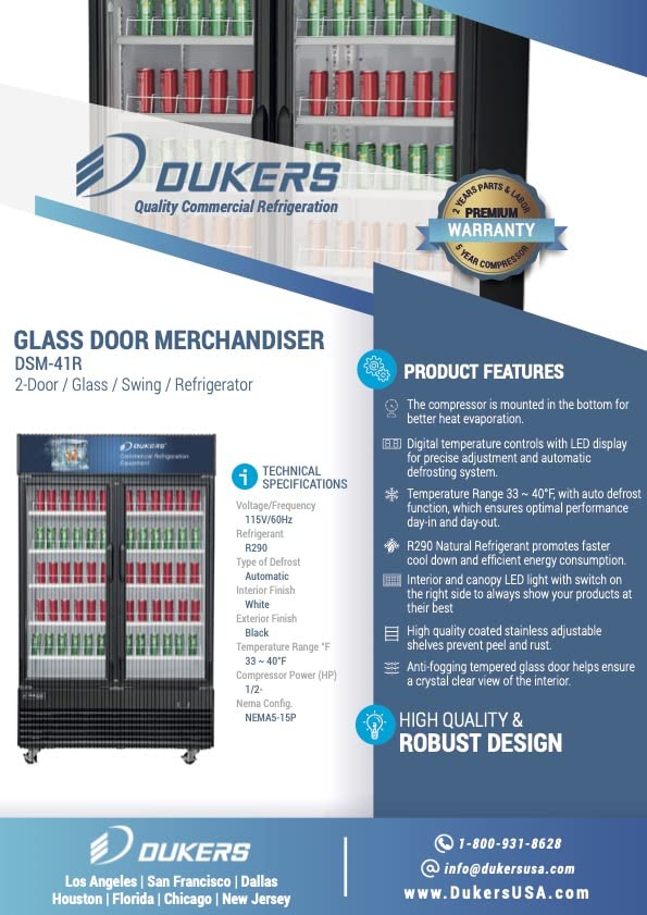 Merchandiser Display Refrigerator, Reach in Beverage Cooler, 41 cu.ft Capacity, 47 1/4" W (2) Glass Swing Door, Auto Defrost, Dukers DSM-41R Black, Commercial Use