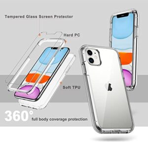 COOLQO Compatible with iPhone 11 Case, and [2 x Tempered Glass Screen Protector] for Clear 360 Full Body Coverage Hard PC+Soft Silicone TPU 3in1 Shockproof Protective Phone Cover