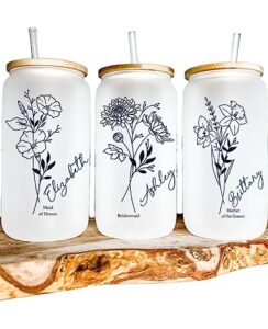 customized glass tumbler with flower and name - personalized tumbler set with straw - bridal party gifts - bachelorette party tumblers - bamboo lid iced coffee cup - bridesamid gifts