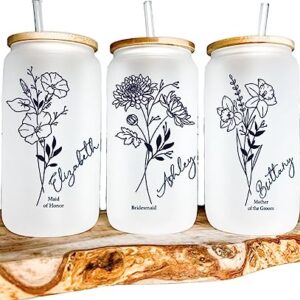 Customized Glass Tumbler with Flower and Name - Personalized Tumbler Set with Straw - Bridal Party Gifts - Bachelorette Party Tumblers - Bamboo Lid Iced Coffee Cup - Bridesamid Gifts