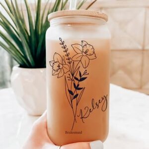 Customized Glass Tumbler with Flower and Name - Personalized Tumbler Set with Straw - Bridal Party Gifts - Bachelorette Party Tumblers - Bamboo Lid Iced Coffee Cup - Bridesamid Gifts
