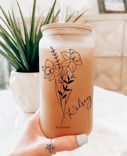 Customized Glass Tumbler with Flower and Name - Personalized Tumbler Set with Straw - Bridal Party Gifts - Bachelorette Party Tumblers - Bamboo Lid Iced Coffee Cup - Bridesamid Gifts