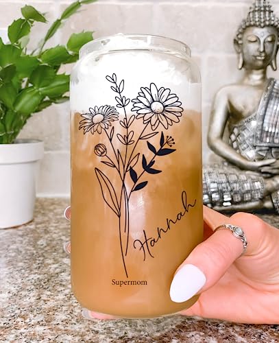 Customized Glass Tumbler with Flower and Name - Personalized Tumbler Set with Straw - Bridal Party Gifts - Bachelorette Party Tumblers - Bamboo Lid Iced Coffee Cup - Bridesamid Gifts