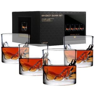 liiton grand canyon crystal bourbon whiskey glasses gift set of 4, heavy freezable old fashioned cocktail glass tumbler, premium luxury gift for men, groomsman, 10 oz