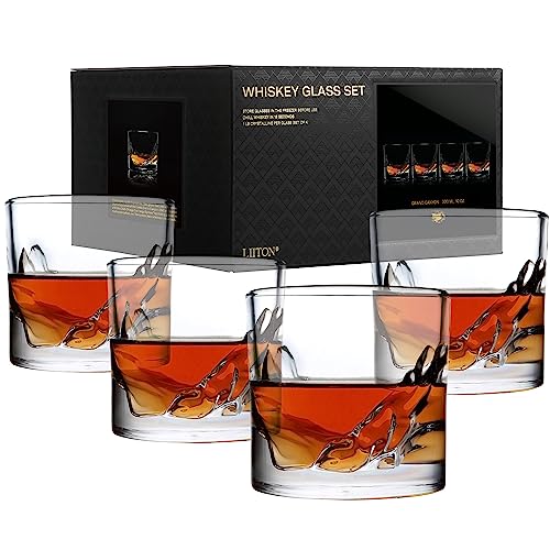 LIITON Grand Canyon Crystal Bourbon Whiskey Glasses Gift Set of 4, Heavy Freezable Old Fashioned Cocktail Glass Tumbler, Premium Luxury Gift for Men, Groomsman, 10 oz