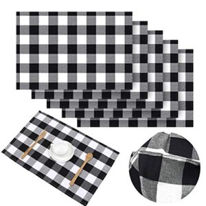 Aneco 6 Pack Buffalo Plaid Placemats Place Mats 13 x 19 Inches Checkered Double Layer Placemats Decorative Kitchen Cotton Table Placemats, Black and White