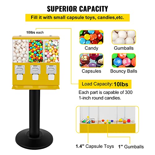 VBENLEM Triple Head Candy Vending Machine, 1-inch Gumball Vending Machine, Commercial Gumball Vending Machine with Stand and Adjustable Candy Outlet Size, Candy Vending Machine for Home, Gaming Stores