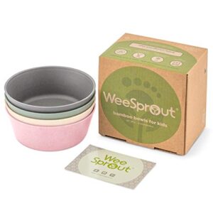 WeeSprout Bamboo Kids Bowls, Set of Four 10 oz Kid-Sized Bamboo Bowls, Dishwasher Safe Kid Bowls (Pink, Green, Gray, & Beige)