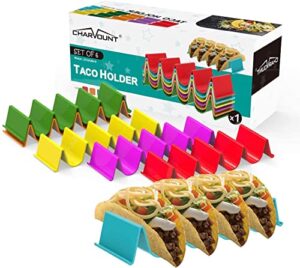 charmount taco holder stand, set of 6 new upgrade colorful taco rack holders - premium taco shell holder stand on table, hold 5 hard shell tacos serving tray, dishwasher & microwave safe