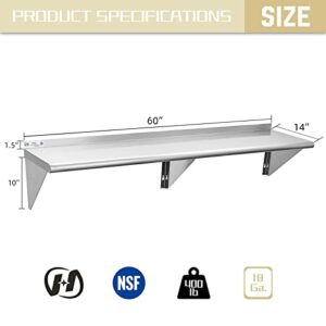 Hally Stainless Steel Shelf 14 x 60 Inches, 400 lb, Commercial Wall Mount Floating Shelving for Restaurant, Kitchen, Home and Hotel