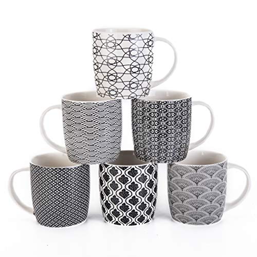 MACHUMA Set of 6 11.5 oz Coffee Mugs with Black and White Geometric Patterns, Ceramic Tea Cup Set