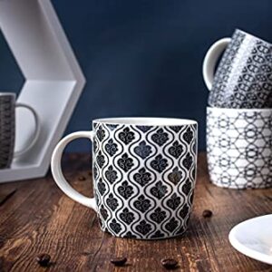 MACHUMA Set of 6 11.5 oz Coffee Mugs with Black and White Geometric Patterns, Ceramic Tea Cup Set