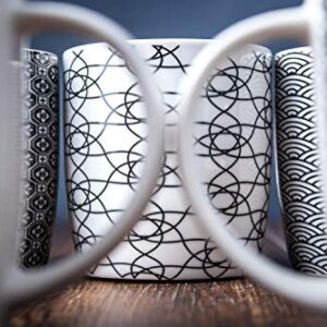 MACHUMA Set of 6 11.5 oz Coffee Mugs with Black and White Geometric Patterns, Ceramic Tea Cup Set