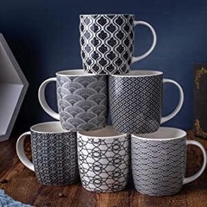 MACHUMA Set of 6 11.5 oz Coffee Mugs with Black and White Geometric Patterns, Ceramic Tea Cup Set