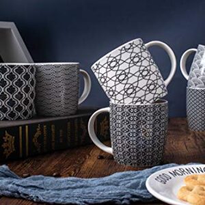 MACHUMA Set of 6 11.5 oz Coffee Mugs with Black and White Geometric Patterns, Ceramic Tea Cup Set