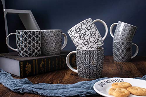 MACHUMA Set of 6 11.5 oz Coffee Mugs with Black and White Geometric Patterns, Ceramic Tea Cup Set