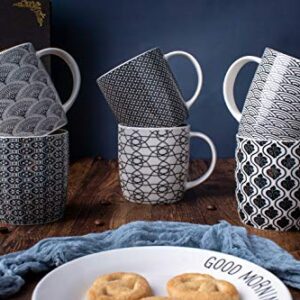 MACHUMA Set of 6 11.5 oz Coffee Mugs with Black and White Geometric Patterns, Ceramic Tea Cup Set