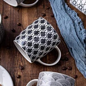 MACHUMA Set of 6 11.5 oz Coffee Mugs with Black and White Geometric Patterns, Ceramic Tea Cup Set