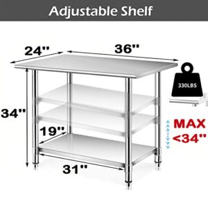 uyoyous Stainless Steel Table 24x36 Inch NSF Commercial Kitchen Work Table with Adjustable Under Shelf Heavy Duty Food Prep Table with Storage for Home Restaurant Kitchen Laundry Room