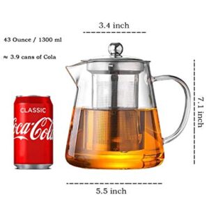 Glass Teapot with Infuser Tea Pot 32oz/43oz Tea Kettle Stovetop Safe Blooming and Loose Leaf Tea Maker Set (43oz/ 1300ml)