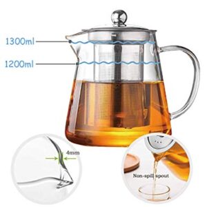 Glass Teapot with Infuser Tea Pot 32oz/43oz Tea Kettle Stovetop Safe Blooming and Loose Leaf Tea Maker Set (43oz/ 1300ml)