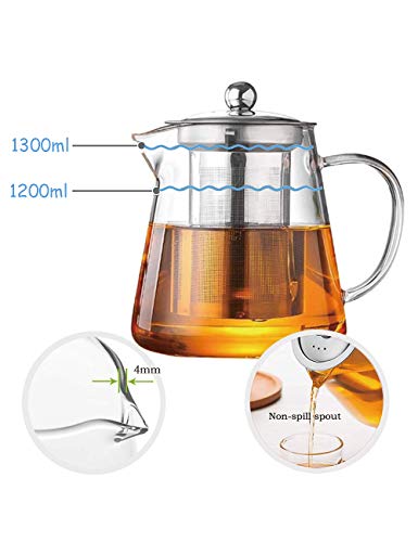 Glass Teapot with Infuser Tea Pot 32oz/43oz Tea Kettle Stovetop Safe Blooming and Loose Leaf Tea Maker Set (43oz/ 1300ml)