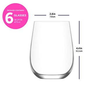 lav Stemless Wine Glasses Set of 6 - 16 oz Clear Glass Wine Tumbler Set for Red or White Wine Glasses Stemless - Modern Design & Everyday Use - Made in Europe