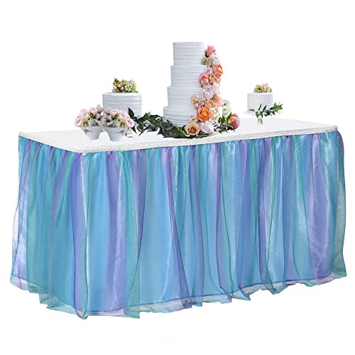 Tutu Table Skirt 6ft for Round Retangle Table Adjustable Tulle Table Skirt for Birthday Baby Shower Graduation Wedding Anniversary or Family Party Decoration gender reveal-Mermaid star(6FT, Blue)