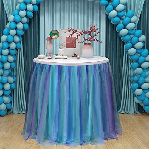 Tutu Table Skirt 6ft for Round Retangle Table Adjustable Tulle Table Skirt for Birthday Baby Shower Graduation Wedding Anniversary or Family Party Decoration gender reveal-Mermaid star(6FT, Blue)