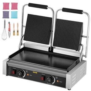 happybuy commercial sandwich panini press grill,110v 2x1800w double up grooved and down flat plates electric stainless steel sandwich maker,temperature control 122°f-572°f for hamburgers steaks bacons