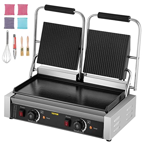 Happybuy Commercial Sandwich Panini Press Grill,110V 2x1800W Double Up Grooved and Down Flat Plates Electric Stainless Steel Sandwich Maker,Temperature Control 122°F-572°F for Hamburgers Steaks Bacons