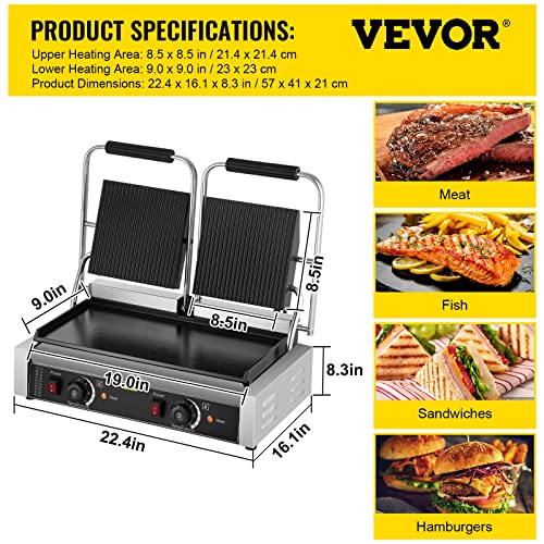 Happybuy Commercial Sandwich Panini Press Grill,110V 2x1800W Double Up Grooved and Down Flat Plates Electric Stainless Steel Sandwich Maker,Temperature Control 122°F-572°F for Hamburgers Steaks Bacons