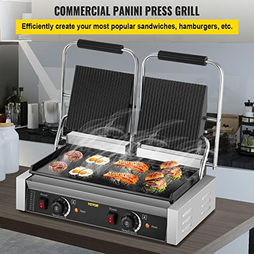 Happybuy Commercial Sandwich Panini Press Grill,110V 2x1800W Double Up Grooved and Down Flat Plates Electric Stainless Steel Sandwich Maker,Temperature Control 122°F-572°F for Hamburgers Steaks Bacons