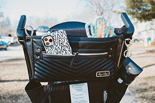 Itzy Ritzy Adjustable Stroller Caddy - Stroller Organizer Featuring Two Built-In Pockets, Front Zippered Pocket & Adjustable Straps To Fit Nearly Any Stroller, Black with Gold Hardware