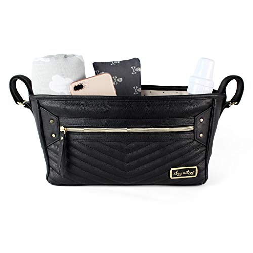 Itzy Ritzy Adjustable Stroller Caddy - Stroller Organizer Featuring Two Built-In Pockets, Front Zippered Pocket & Adjustable Straps To Fit Nearly Any Stroller, Black with Gold Hardware