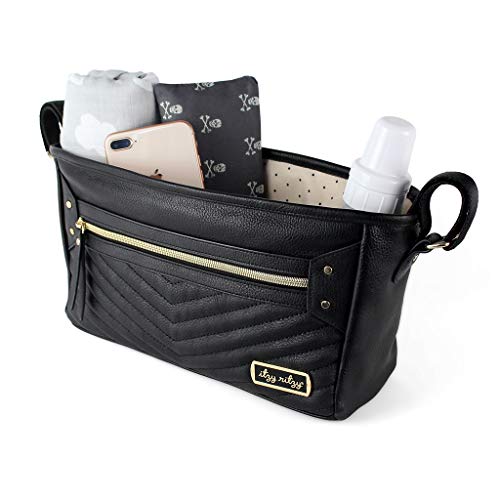 Itzy Ritzy Adjustable Stroller Caddy - Stroller Organizer Featuring Two Built-In Pockets, Front Zippered Pocket & Adjustable Straps To Fit Nearly Any Stroller, Black with Gold Hardware