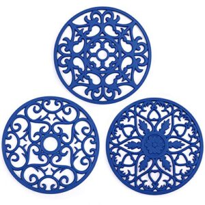 silicone trivet me.fan 3 set silicone trivet mat - multi-use intricately carved insulated flexible durable non slip coasters (deep blue)