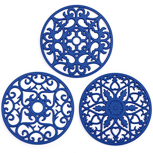 Silicone Trivet ME.FAN 3 Set Silicone Trivet Mat - Multi-Use Intricately Carved Insulated Flexible Durable Non Slip Coasters (Deep Blue)