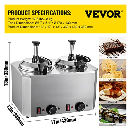 VBENLEM Cheese Warmer with Pump, 5.28 Qt Capacity Cheese Dispenser Hot Fudge Warmer, Dual Head Spout Heater 1300 W Cheese Warmer Dispenser, 30-110℃ Temp Adjustable 110 V Heated Pump Dispenser