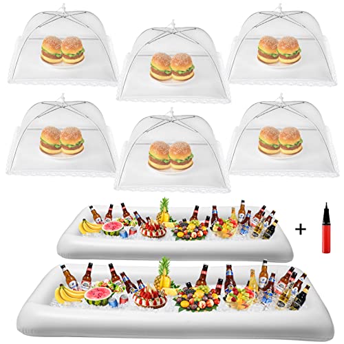 HBlife Inflatable Serving Bar & Food Umbrella Mesh Cover Screen Tent Set, Party Supplies Set for Picnics Pool Bar Outside, 2 Inflatable Tray, 6 Food Tents/Food Covers for Outdoors (White)