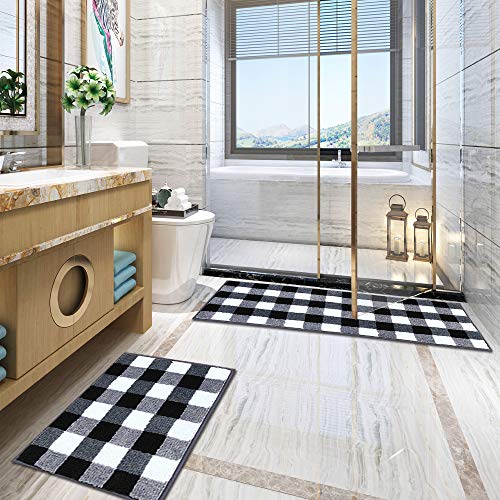 Carvapet 2 Pieces Buffalo Plaid Check Rug Set Water Absorb Microfiber Non-Slip Kitchen Rug Bathroom Mat Checkered Doormat Carpet for Laundry 17"x48"+17"x24", Black and White