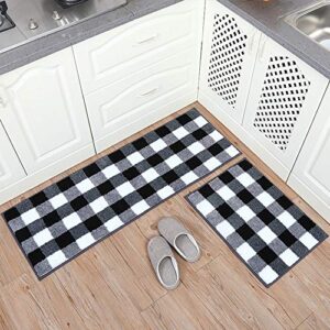 carvapet 2 pieces buffalo plaid check rug set water absorb microfiber non-slip kitchen rug bathroom mat checkered doormat carpet for laundry 17"x48"+17"x24", black and white