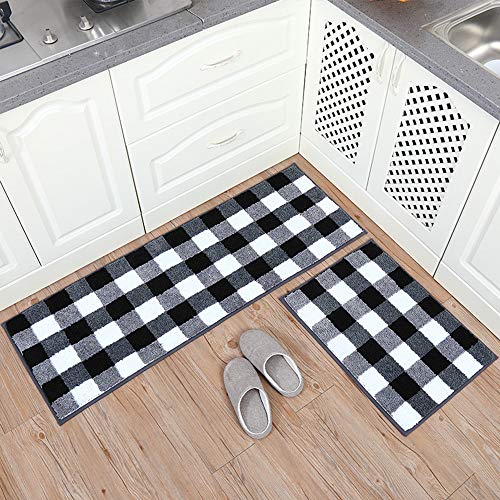 Carvapet 2 Pieces Buffalo Plaid Check Rug Set Water Absorb Microfiber Non-Slip Kitchen Rug Bathroom Mat Checkered Doormat Carpet for Laundry 17"x48"+17"x24", Black and White