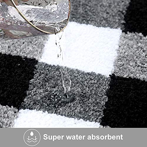 Carvapet 2 Pieces Buffalo Plaid Check Rug Set Water Absorb Microfiber Non-Slip Kitchen Rug Bathroom Mat Checkered Doormat Carpet for Laundry 17"x48"+17"x24", Black and White