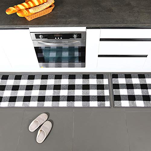 Carvapet 2 Pieces Buffalo Plaid Check Rug Set Water Absorb Microfiber Non-Slip Kitchen Rug Bathroom Mat Checkered Doormat Carpet for Laundry 17"x48"+17"x24", Black and White