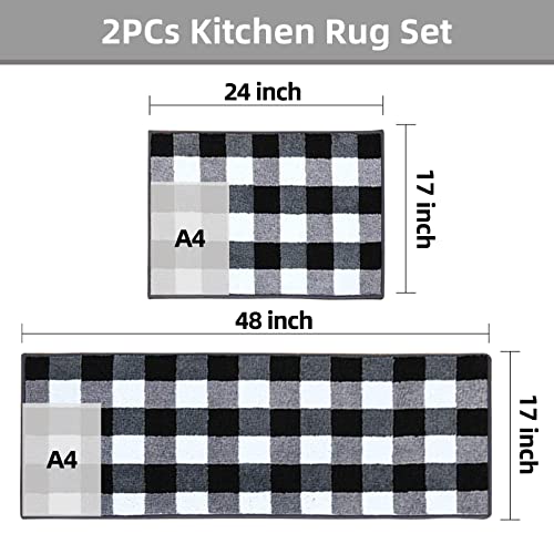 Carvapet 2 Pieces Buffalo Plaid Check Rug Set Water Absorb Microfiber Non-Slip Kitchen Rug Bathroom Mat Checkered Doormat Carpet for Laundry 17"x48"+17"x24", Black and White