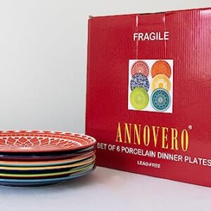 Annovero Dinner Plate Set - Set of 6 Dinnerware for Salad, Dessert, Pasta, Entrées, Colorful Stoneware Dishes for Kitchen, Microwave and Oven Safe, 10.5 Inch Diameter