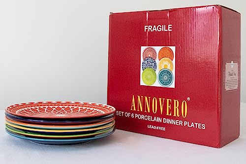 Annovero Dinner Plate Set - Set of 6 Dinnerware for Salad, Dessert, Pasta, Entrées, Colorful Stoneware Dishes for Kitchen, Microwave and Oven Safe, 10.5 Inch Diameter
