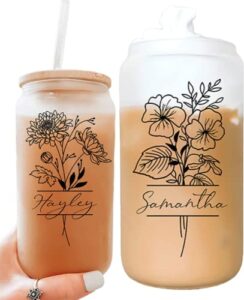 taniri personalized bridesmaid glass tumbler set with straw - flower & name customized glass tumbler - bachelorette party tumblers - bamboo lid iced coffee cup - bridal party gifts